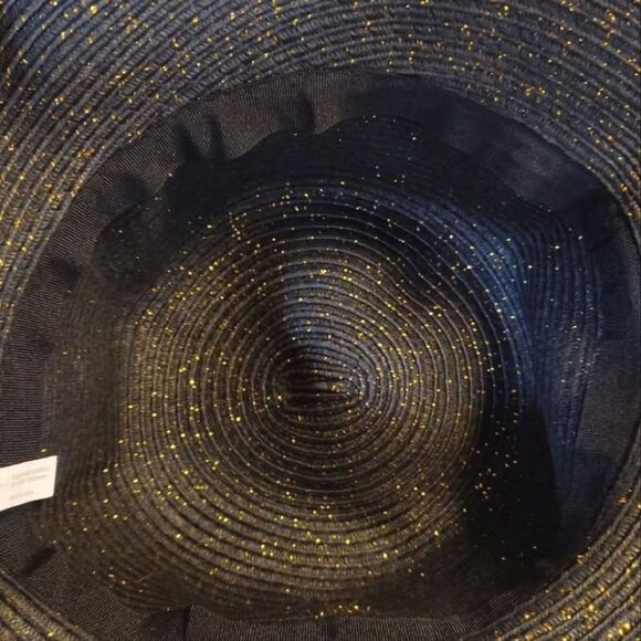 Black Gold Metallic Weaved Wide Brim Straw Sun Hat With Black Ribbon - Picture 8 of 8